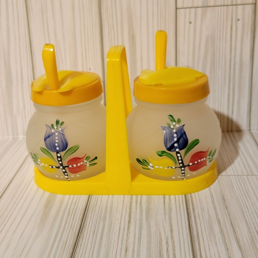 Vintage MCM Hazel Atlas-Federal Tool Corp. Condiment Jar Set W/Plastic Tote HTF